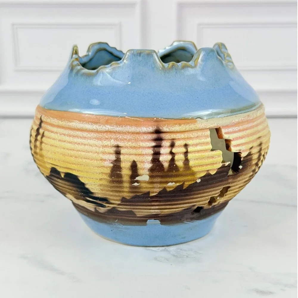 VTG Pottery Barn Blue Brown Glazed Native American Pot Planter 5